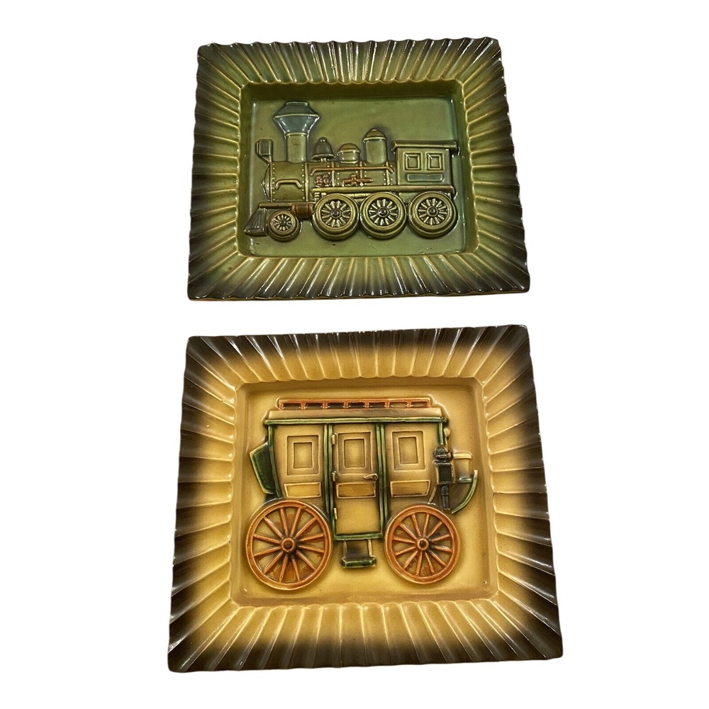 Vintage Ceramic 3D Relief Wall Plaques Train Locomotive & Stagecoach Set of 2‎